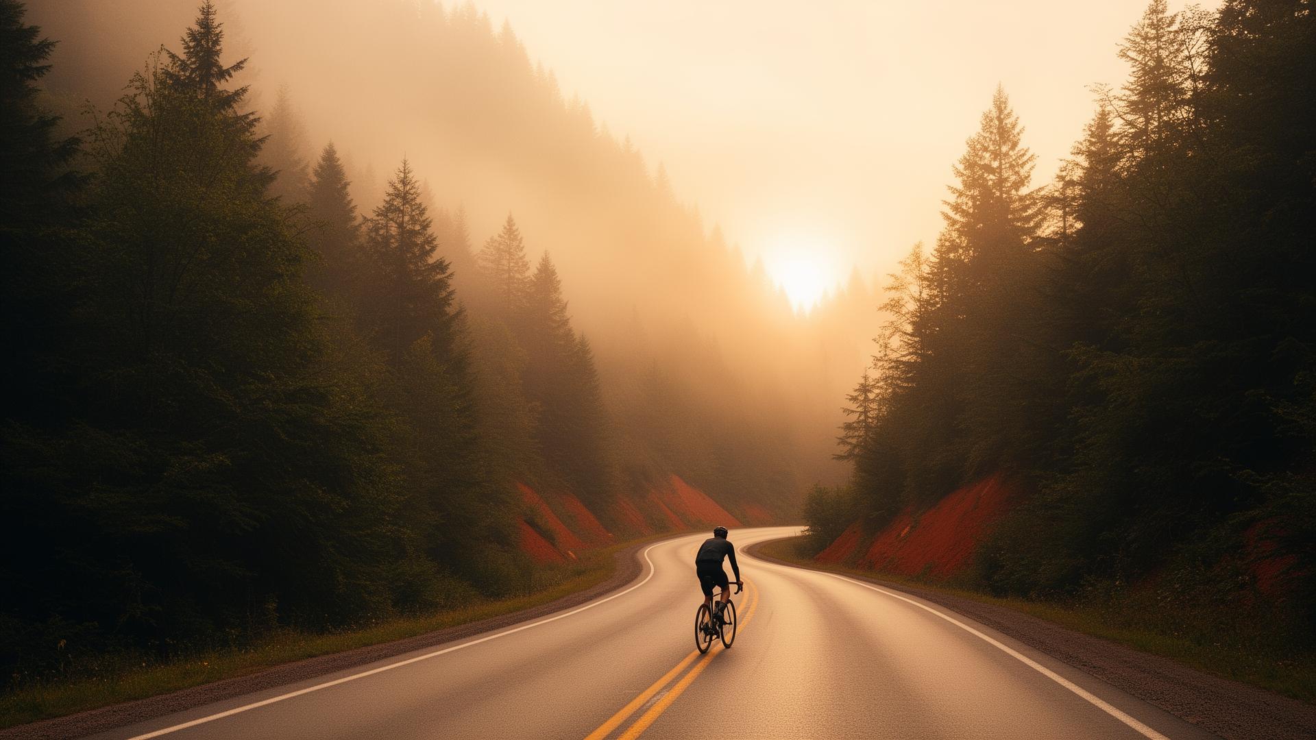 Lone cyclist riding into a misty forest at sunrise